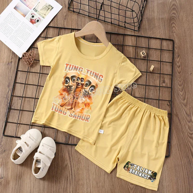 Italian Brainrot Pajama Sleepwear Child Funny Shark Tung Sahur Meme Cartoon Soft Pyjamas Set Nightgown Girl Boy Home Loungewear