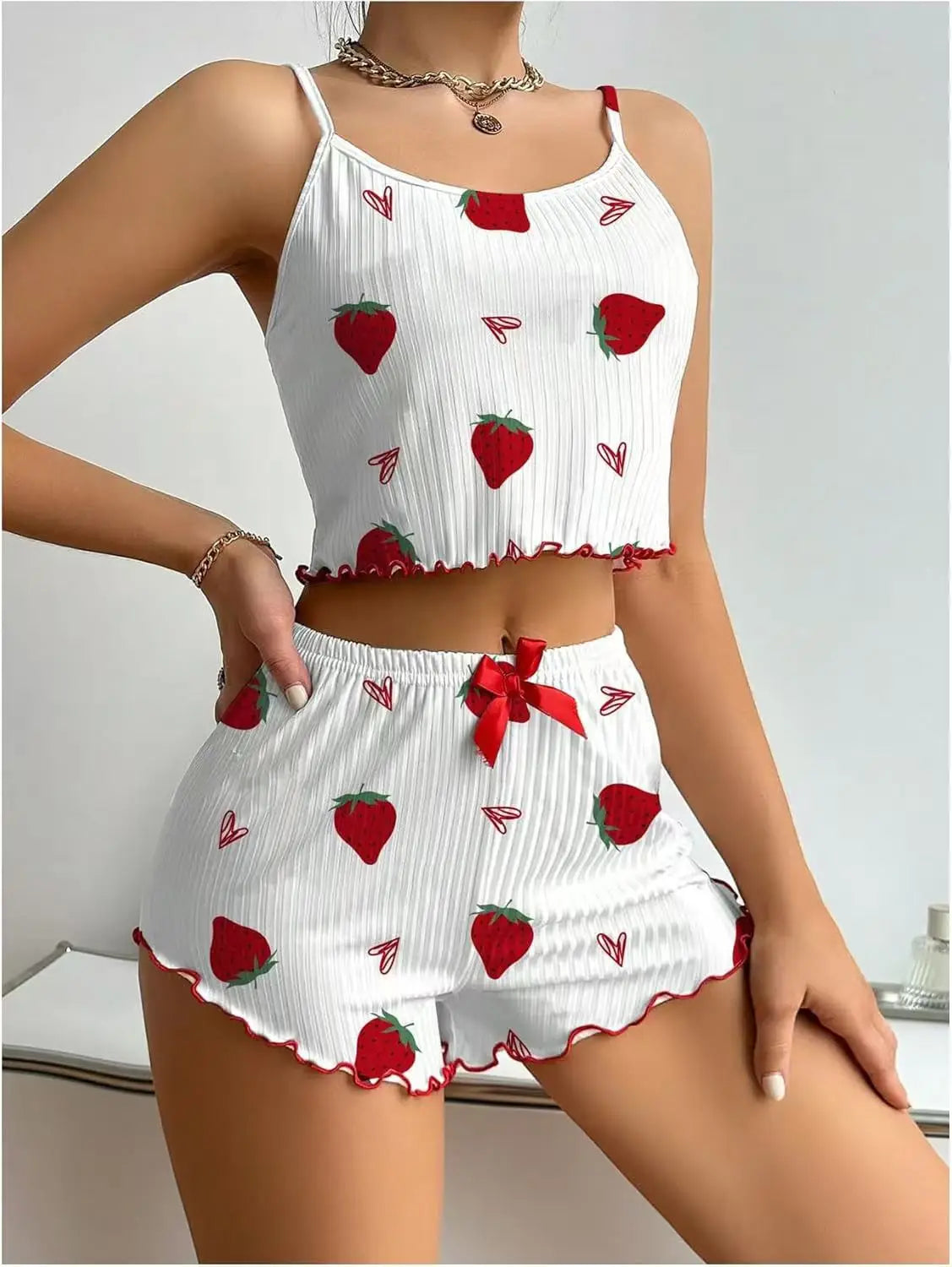 2pcs Women's Pajama Set Sexy Cute Kawaii Pajamas Women suspenders Sun-Tops Loungewear Set Shorts Y2K Lolita Heart Silk Sleepwear