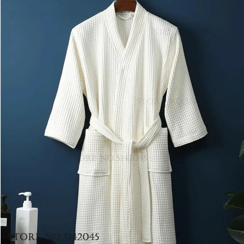 Adult Cotton Waffle Kimono Bathrobe Gown Yukata Couple Robe Negligee with Pocket Loose Casual Home Dress Loungewear Sleepwear
