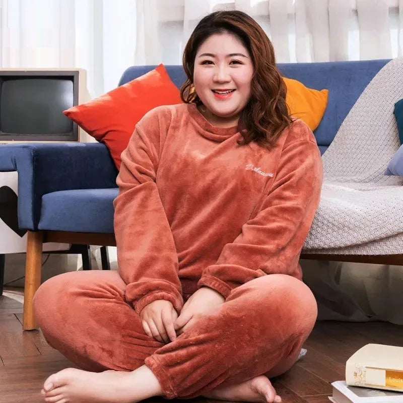 Plus Size 6XL 150kg Winter Warm Coral Fleece Pajamas Sets Long Sleeve Top and Pants Sleepwear Suit Home Women Female Sleepwear