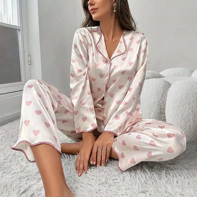 Women's Casual Soft Sleepwear Sets Spring Autumn Satin Printed Heart-shaped Long Sleeved Top and Pants Two Piece Home Suit Set