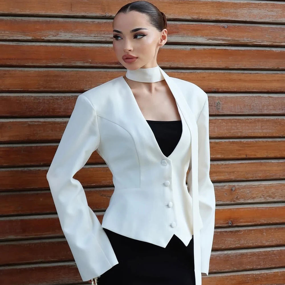 Tuularose Single Breasted Coat Women's V Neck Scarf With Long Sleeve Waist-Cinching Blazer Jacket Lady Casual Slim Commute Coat