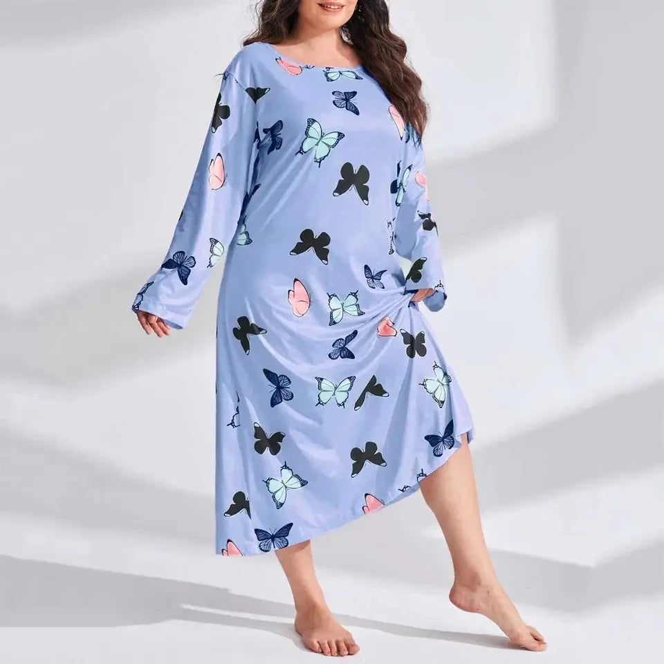 Elegant Fashion Women Long Sleeve Sleepwear Long Dresses Loose Clothes Plus Size Women's Butterfly Heart Print Sleepwear Dress