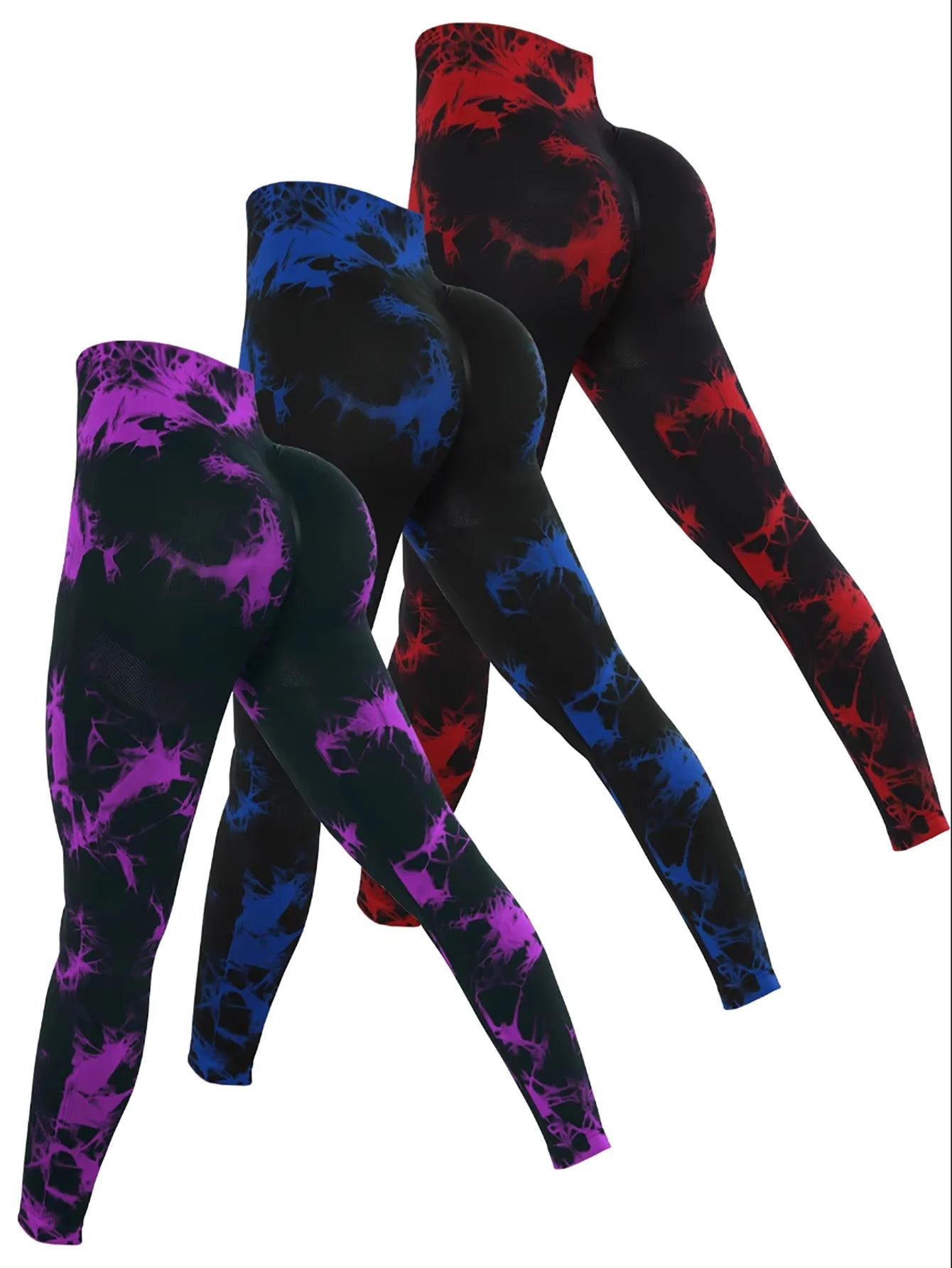 CZGUK Three Piece Women's Tie Dyeing High Waist Seamless Yoga Pants High Waist Sweat Absorbing Outdoor Fitness Tights