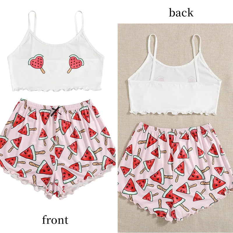 Summer New Comfortable Two-Piece Milk Silk Pink Printed Watermelon Suspender Sexy Women's Home Sleepwear Set