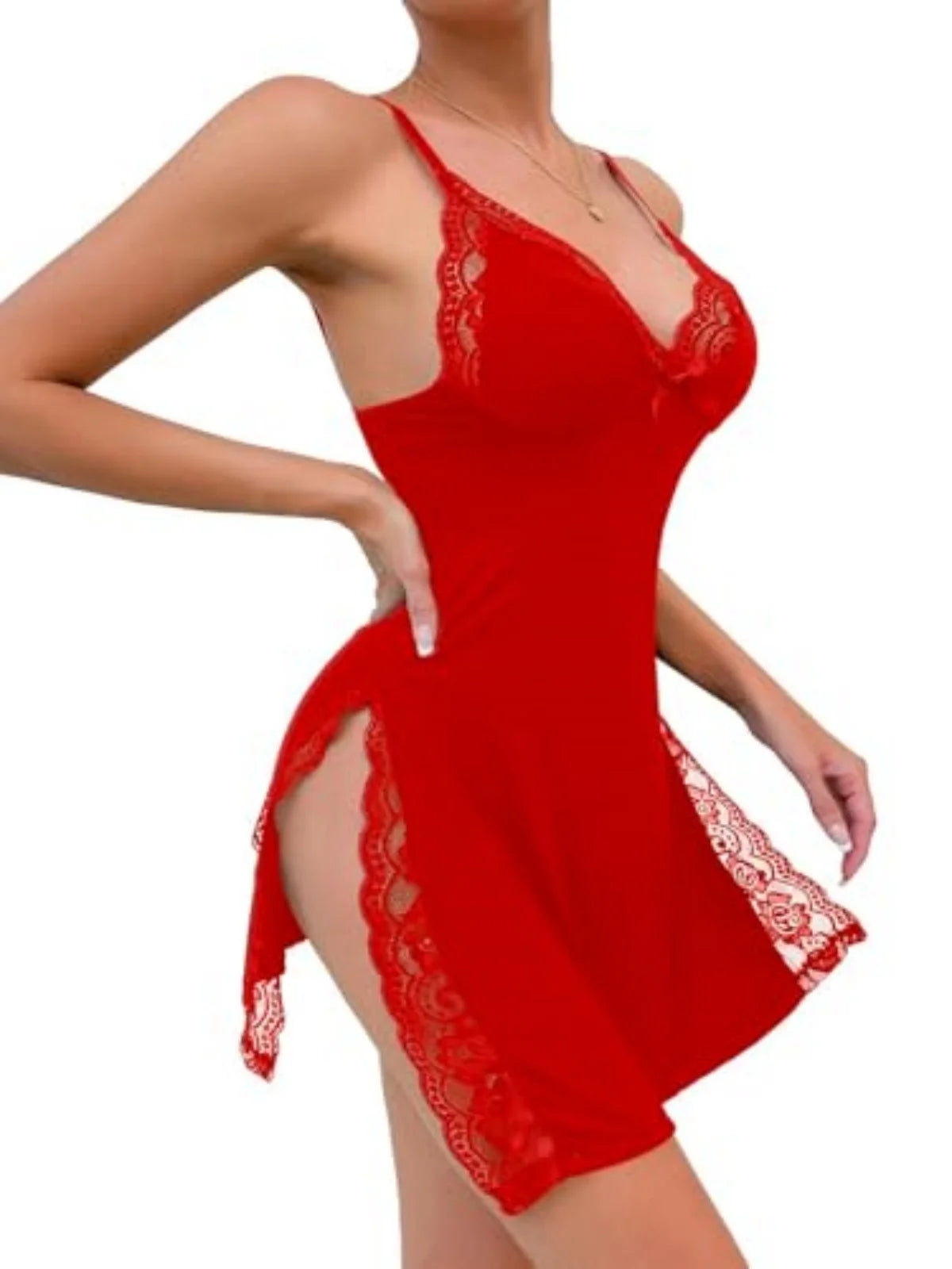 Women's Black Lace Trim Chemise Nightwear Spaghetti Strap V Neck Side Slit Mini Dress Sexy Lingerie