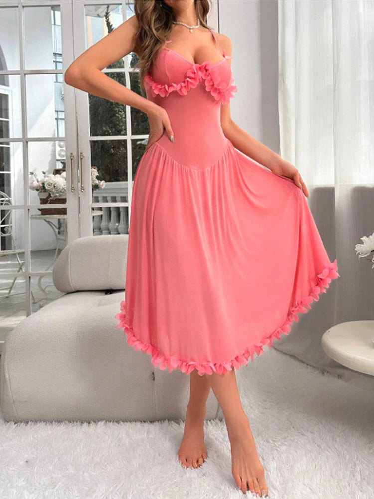 Sexy Nightgown Mesh Suspender Dress Translucent Women Pajamas Sleeveless Long Home Dress Romantic Floral Sleepwear Tulle Nightie