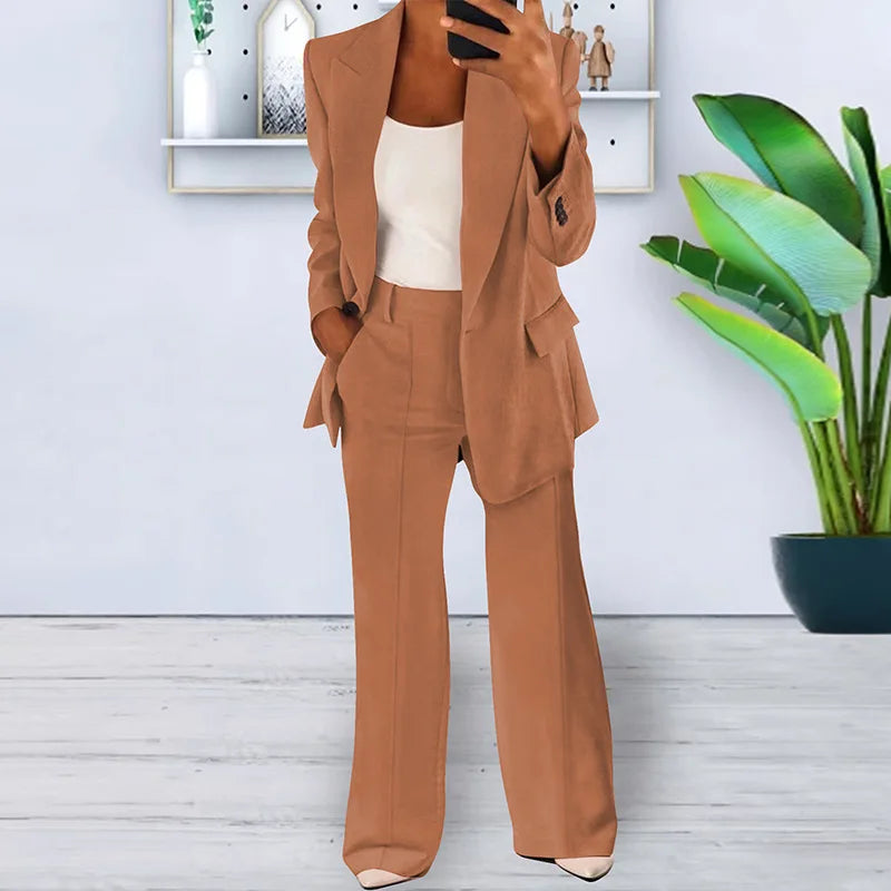 Women's Sets Two 2 Pieces Sale Casual Pocket Single Button Blazer Jackets& High Elastic Waist OL Workwear Wide Leg Pant Suits