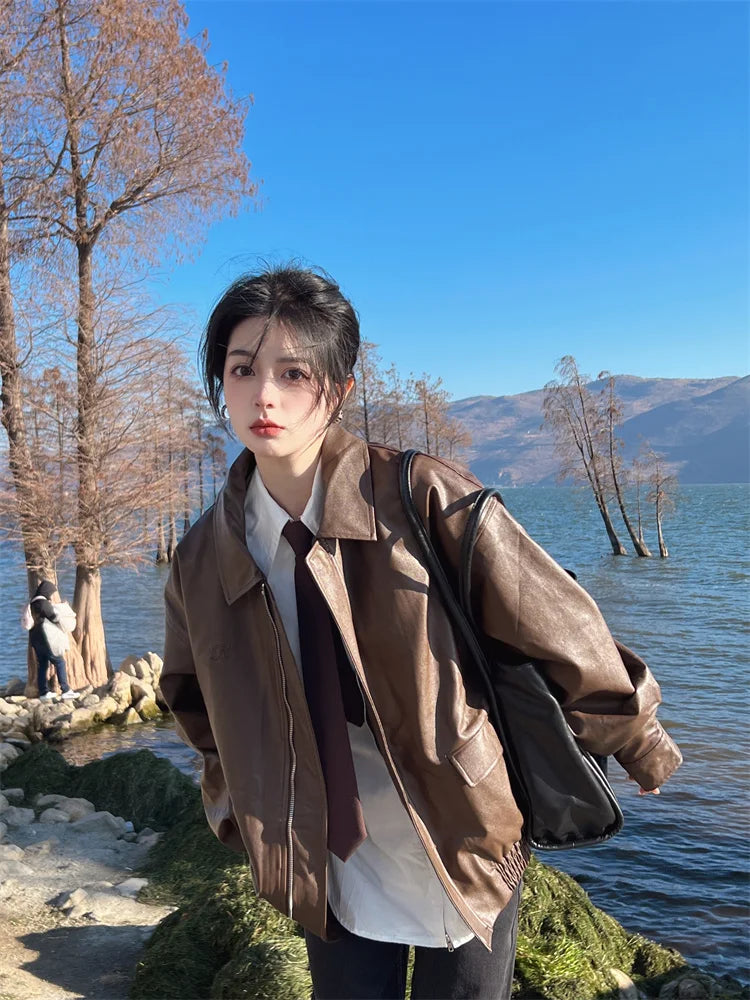 Black Motorcycle Short Leather Jacket Women's 2026 New Style Spring Autumn Trendy Small Size Commute Wind Loose Fit