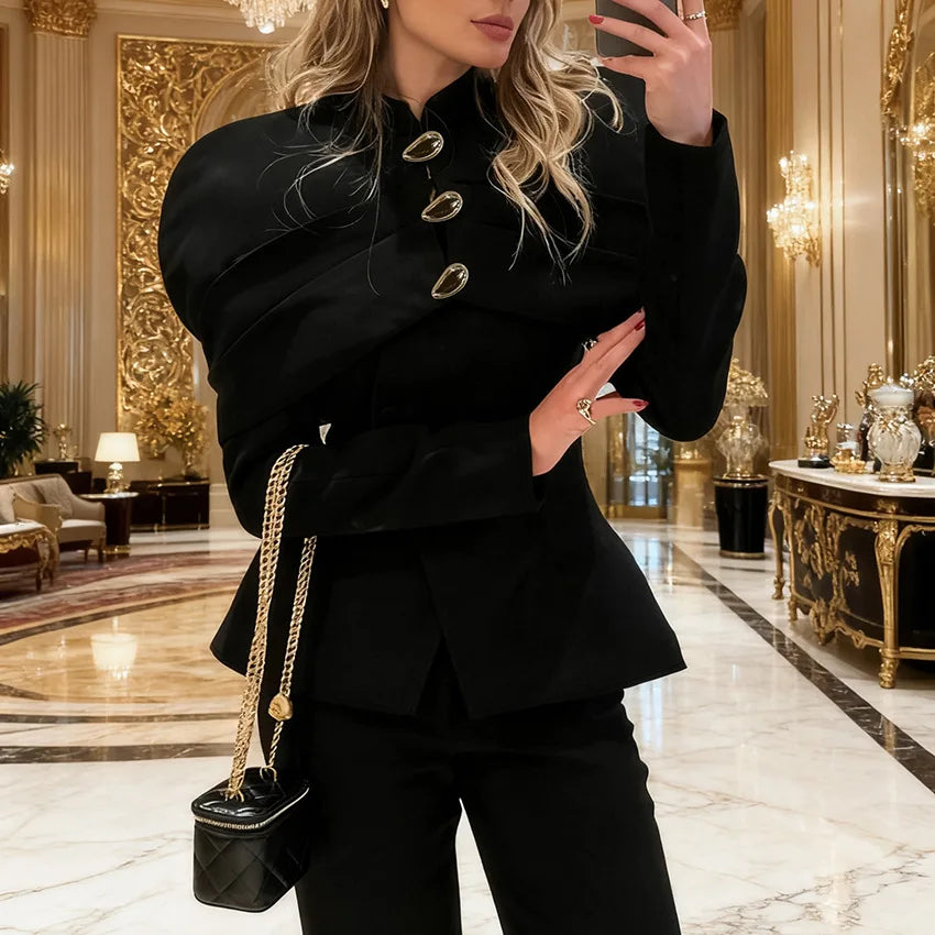 Trendix Black Elegant Blazer For Women 2025 Autumn Fashion Gold Buttons Patchwork Jacket Coat Party Vintage Commuter Suit Jacket