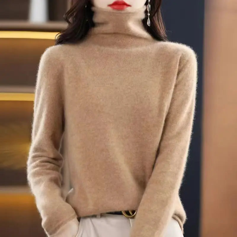 100% Wool Fold Neck Sweater Women's AutumnWinter High Neck Long Sleeved Solid Color Warm Pullover Sweater Knitted Jumper Top