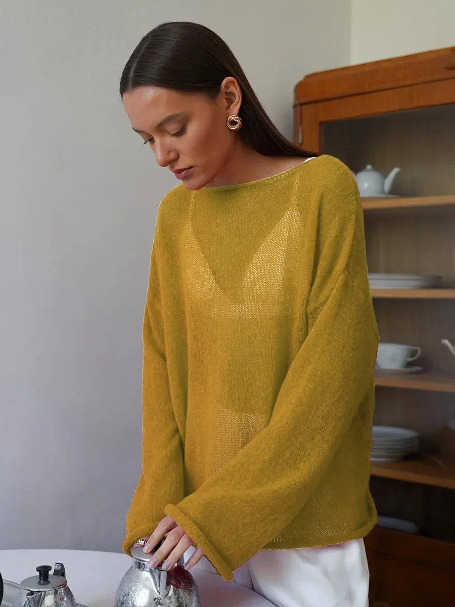 TARUXY Hollow Knitted Sweater Pullover 2024 Autumn New Women's See Through Thin Large Round Neck Bell Long Sleeve Knit T-Shirt