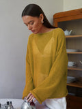 TARUXY Hollow Knitted Sweater Pullover 2024 Autumn New Women's See Through Thin Large Round Neck Bell Long Sleeve Knit T-Shirt