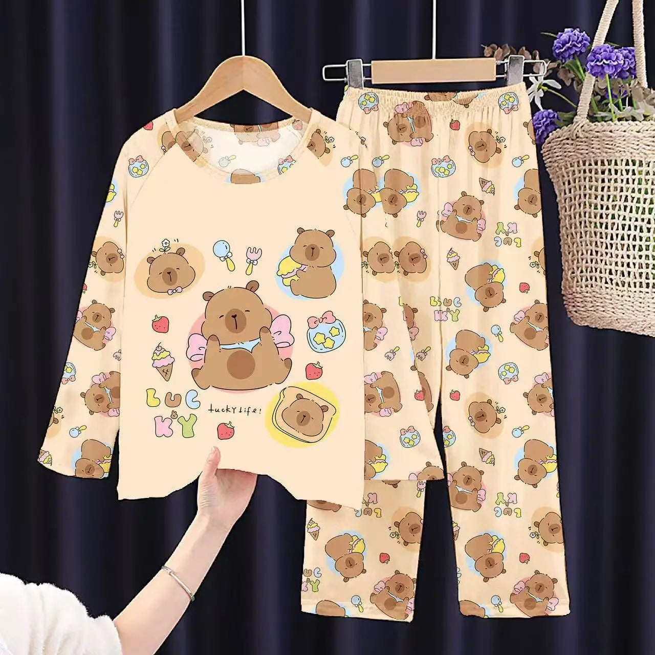 Girls Capybara Pajamas Set Full Sleeve Children Sleepwear Kids Pyjamas Suits for Teenager Boys Pijama Capibara Home Wear Clothes