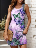 Women's Sleeveless Crew Neck A-Line  Dress, Butterfly Floral Print Women Clothing Casual Summer New Vacation Dress