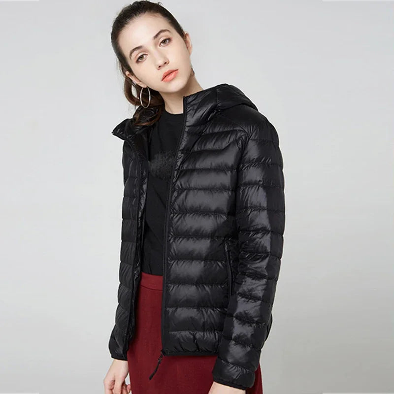 Women's Fashion Hooded Short Puffer Jackets 2025 New Spring Winter 90% White Duck Down Lightweight Packable female Warm Parka
