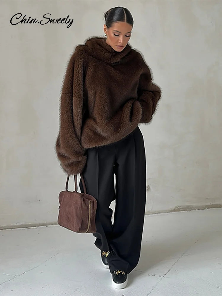 Women Solid Faux Fur Hooded Pullover Casual Full Sleeve Warm Loose Thick Tops Lady New Daily Chic Elegant Winter Outwear 2025