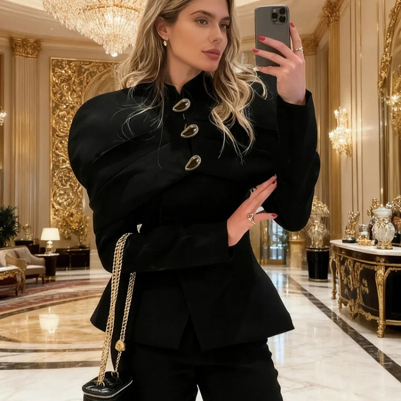 Trendix Black Elegant Blazer For Women 2025 Autumn Fashion Gold Buttons Patchwork Jacket Coat Party Vintage Commuter Suit Jacket