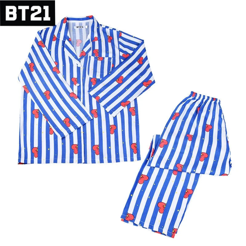 Kawaii Bt21 Tata Cooky Rj Pocket Short Sleeve and Shorts Pajama Set, Casual Satin Sleepwear with Lapel Collar and Button Detail