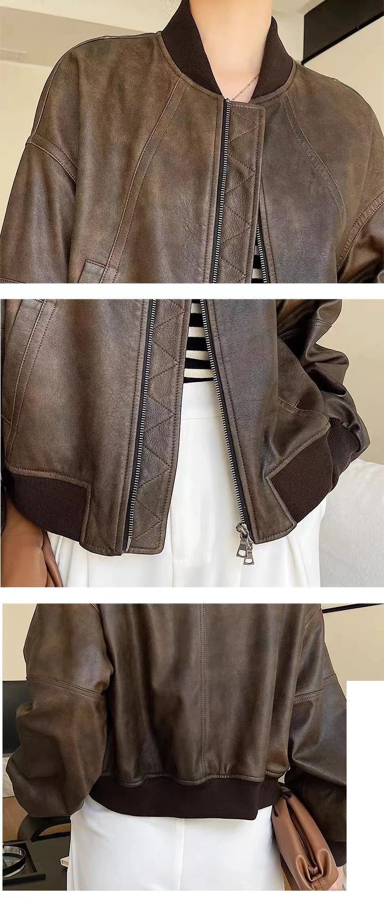 Leather Cropped Bomber Jacket For Women 2025 Winter European Old Money Designer Female Distressed Sheepskin Short Coat Outwear