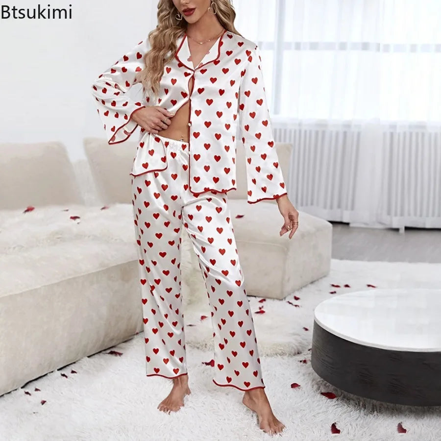 Women's Casual Soft Sleepwear Sets Spring Autumn Satin Printed Heart-shaped Long Sleeved Top and Pants Two Piece Home Suit Set