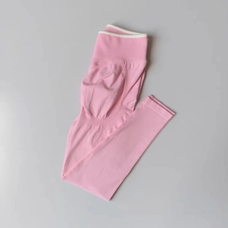 Women's Seamless Gym Solid Color Sports Pants White Edge Waist Tight High Waist Hip Lifting Yoga Pants Running Exercise Pants