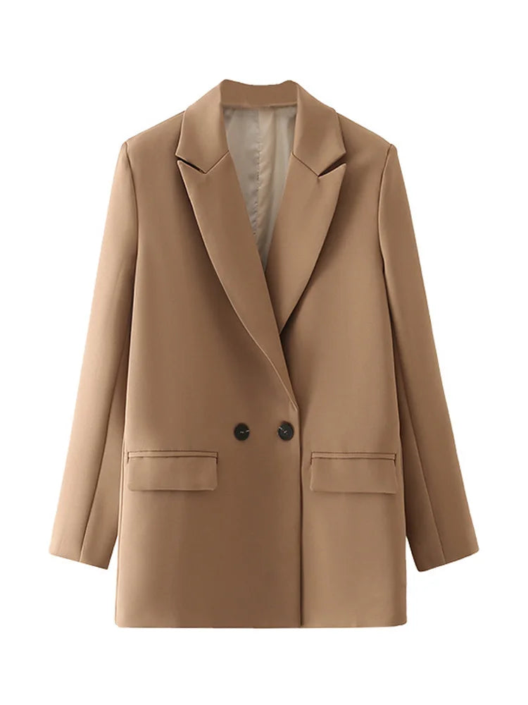Women Chic Office Lady Double Breasted Blazer Vintage Coat Fashion Notched Collar Long Sleeve Ladies Outerwear Stylish Tops