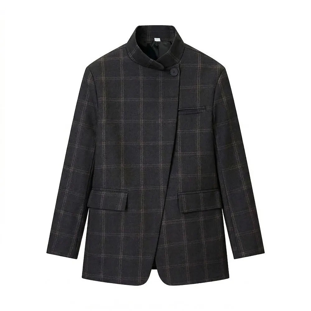 HH Women Fashion Plaid Blazer Coat Stand Collar Long Sleeve Jacket 2026 Spring Trend Casual Office Lady Chic Outerwear