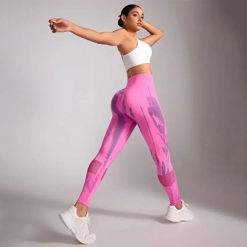 Women Stretchy Yoga Pants Gym Tie-Dye Leggings for Women Seamless High-Waisted Hollow Out Tight-Fitting Workout Leggings