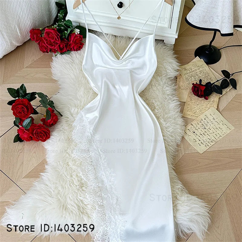 Women's Spaghetti Strap Nightgown Chemise Sleepwear Sexy Intimate Lingerie Backless Lace Split Nightdress Homewear Satin Nighty