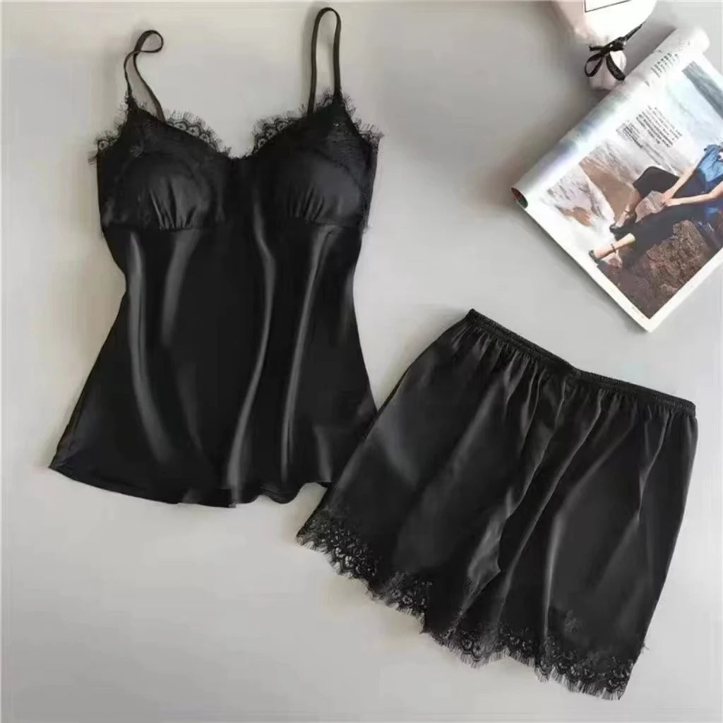Women Halter Pajamas  Camisole Shorts Home Wear Red Black Sexy Lace Ventilate Classic Summer Thin Pajamas Without Chest Cushion
