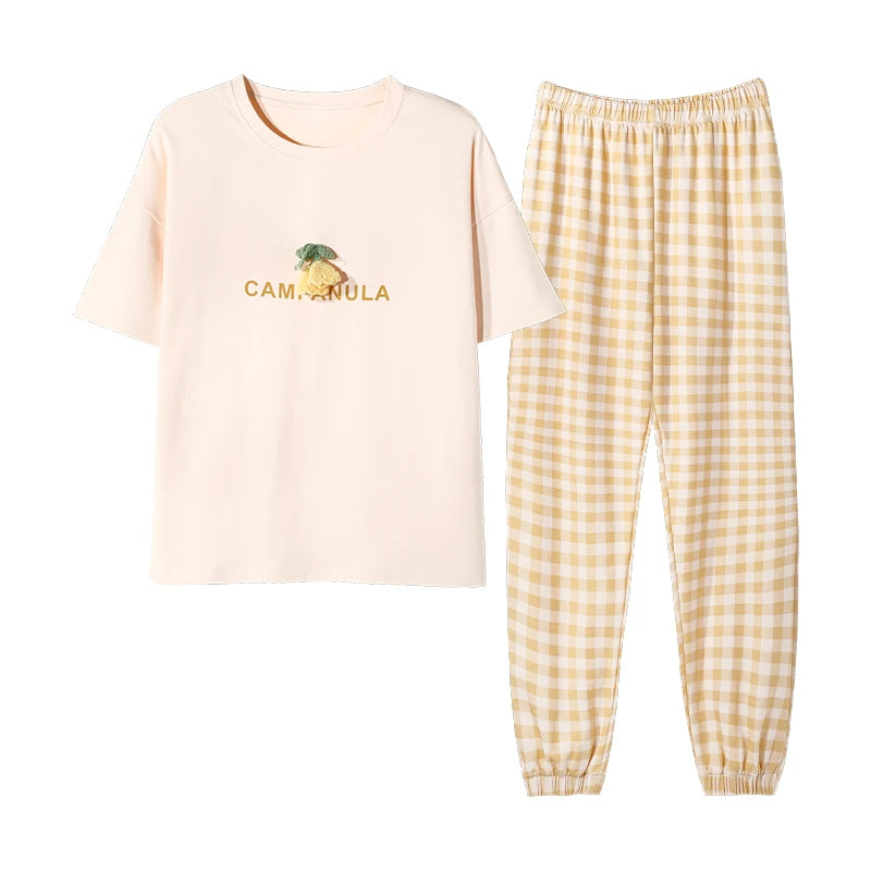 Newest 100% Cotton Women Pajamas Set Summer Short-sleeve Sleepwear Women's Simple Loose Home Wear Large Size 3XL