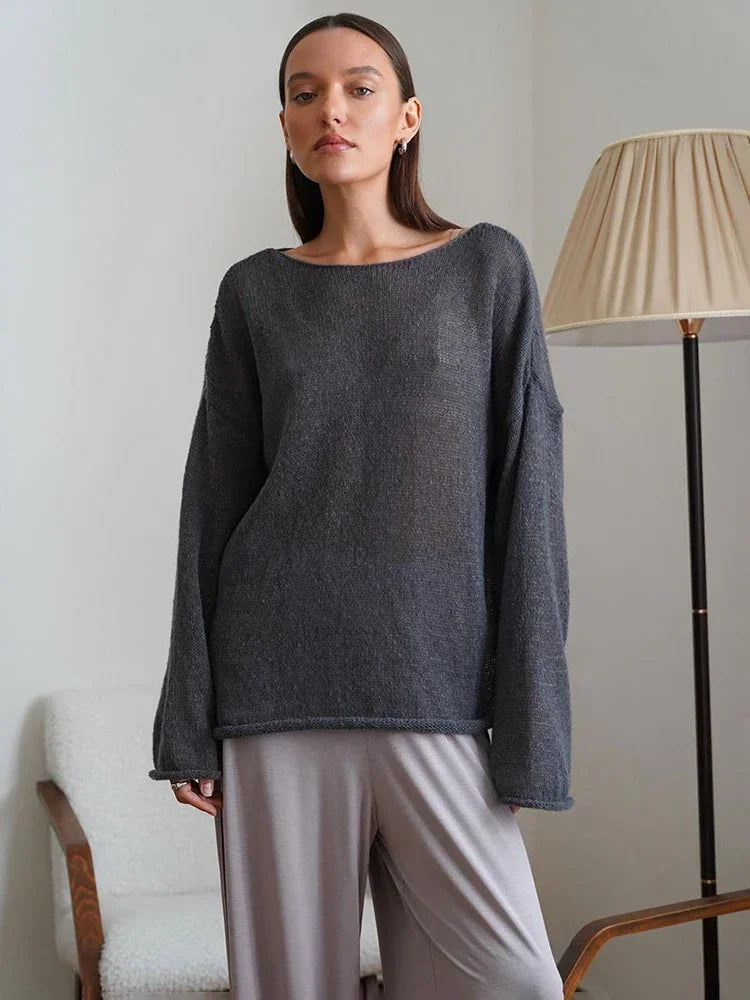 TARUXY Hollow Knitted Sweater Pullover 2024 Autumn New Women's See Through Thin Large Round Neck Bell Long Sleeve Knit T-Shirt