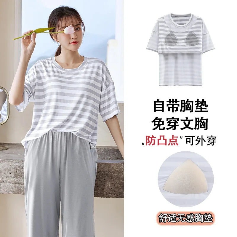 Thin With Chest Pad Summer Women's Suit Pijama New In Women's Sleepwear Short Sleeve Pajama Sets 2 Pieces Cute Clothes