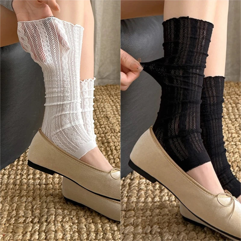 Ballet Stamped Foot Pile-up Leg Covers Women Summer Thin Twisted Mesh Breathable Ruffle Leg Warmers Paired with Knee-High Boots