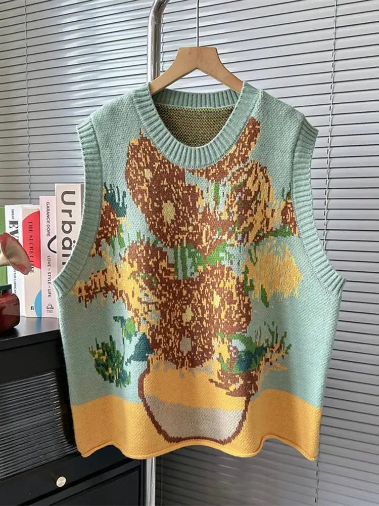 [EWQ] Vintage Oil Painting Sweater Vest Women Contrast O-neck Elastic Pullovers Knit Tank 2026 Spring Autumn Big Size Tops U5266