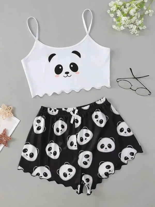 Comfortable Thin Knitted Vest Strap Home Sleepwear Set for Women Summer Season Print Pattern Home Leisure Women's Nightgown