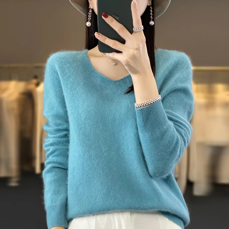 New Autumn And Winter Fashion First-Line Sweater 100% Pure Wool Women's V-Neck Pullover Knitted Base DMR201
