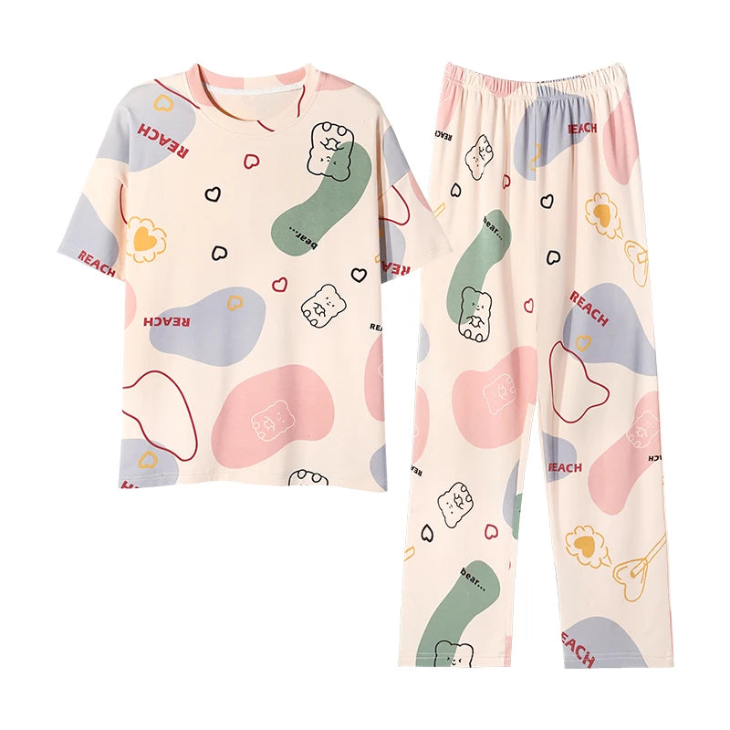Newest 100% Cotton Women Pajamas Set Summer Short-sleeve Sleepwear Women's Simple Loose Home Wear Large Size 3XL