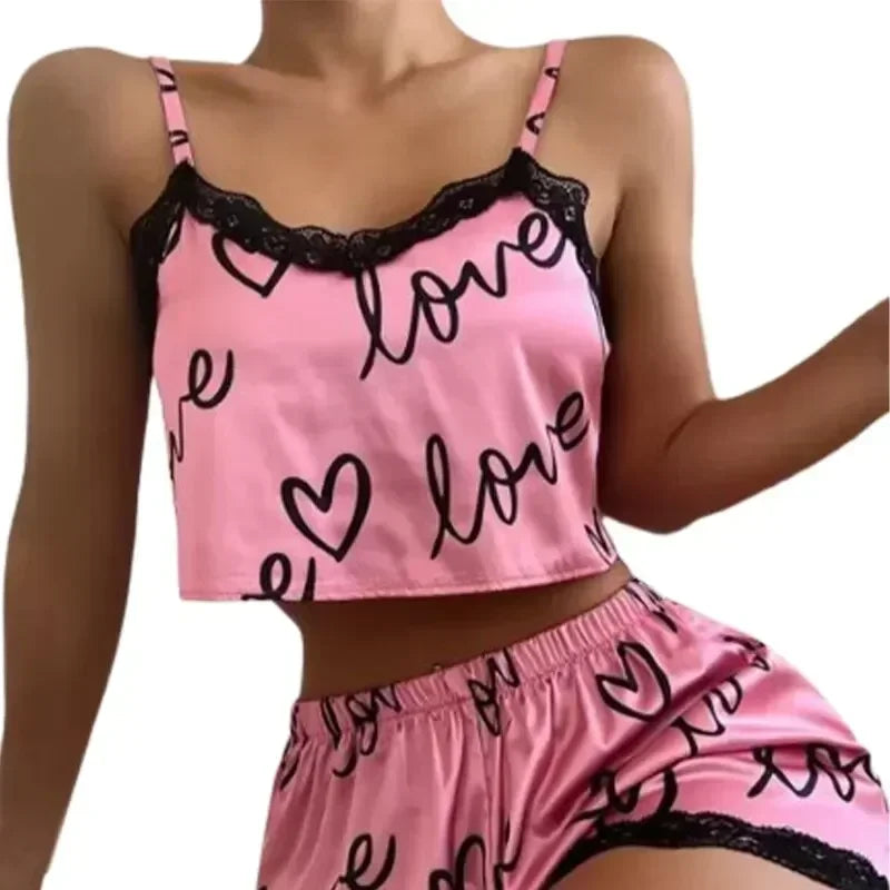 Sexy Pajama Shorts Sets Womens Homewear Love Print Nighty Underwear Pijama Summer Lingeries Camisoles Tanks Lady Sleepwear Woman