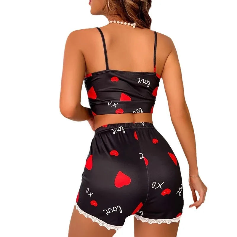 Women's Summer 2-Piece Printed Pajama Set Milk Silk Round Neck Heart Pattern Camisole Shorts Comfortable Homewear Sleepwear ﻿