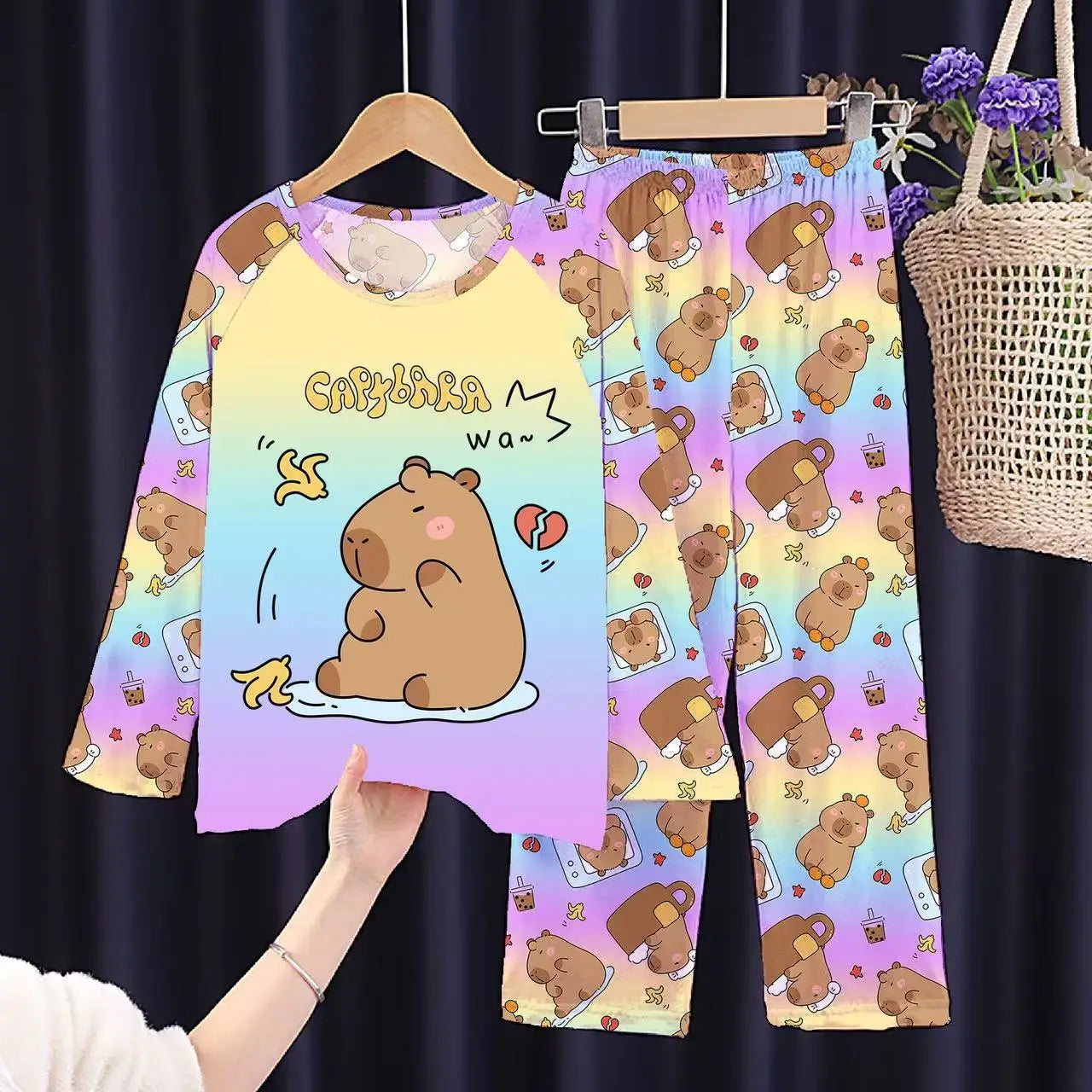 Girls Capybara Pajamas Set Full Sleeve Children Sleepwear Kids Pyjamas Suits for Teenager Boys Pijama Capibara Home Wear Clothes