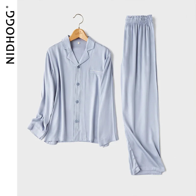 Couple's Satin Solid Color Pajamas Turn-down Collar Long-Sleeved Pajama Set Autumn Pocket 2 Piece Sleepwear Home Pijama Mujer