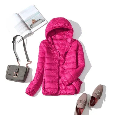 Women's Fashion Hooded Short Puffer Jackets 2025 New Spring Winter 90% White Duck Down Lightweight Packable female Warm Parka
