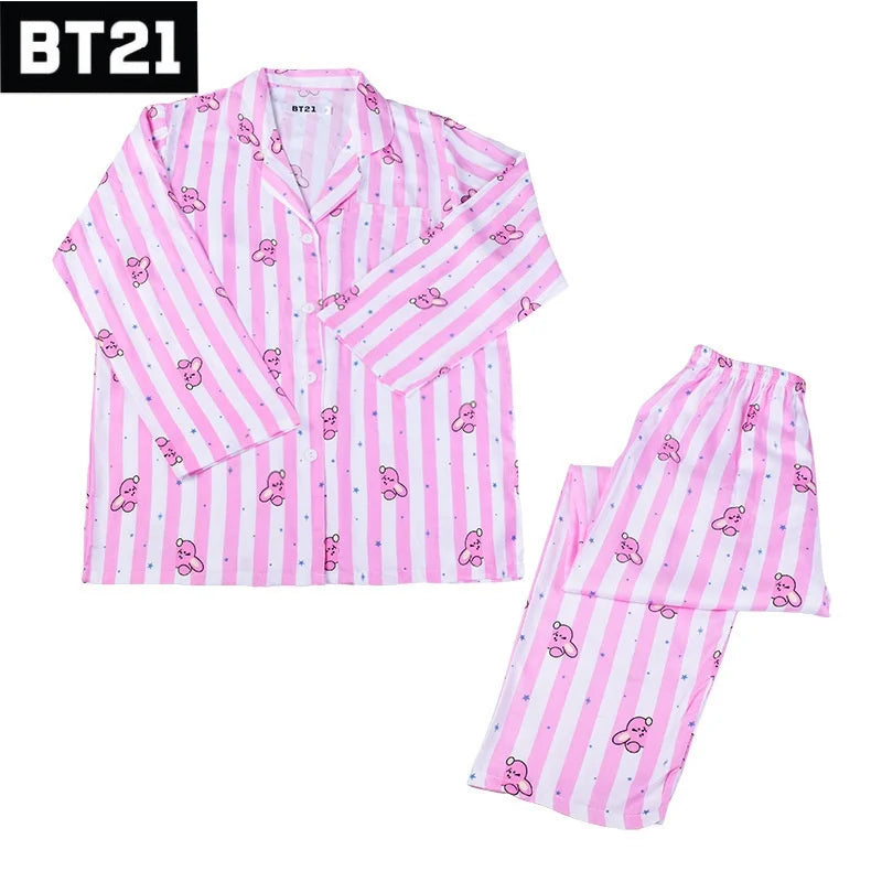 Kawaii Bt21 Tata Cooky Rj Pocket Short Sleeve and Shorts Pajama Set, Casual Satin Sleepwear with Lapel Collar and Button Detail