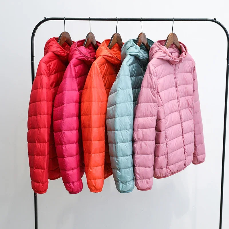 Women's Fashion Hooded Short Puffer Jackets 2025 New Spring Winter 90% White Duck Down Lightweight Packable female Warm Parka