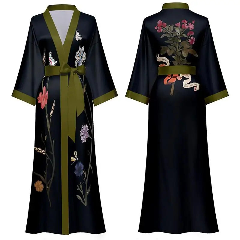 New Spring Summer Women Long Robe Kimono Bathrobe Gown Sexy Black Print Sleepwear Nightgown Casual Half Sleeve Satin Home Dress