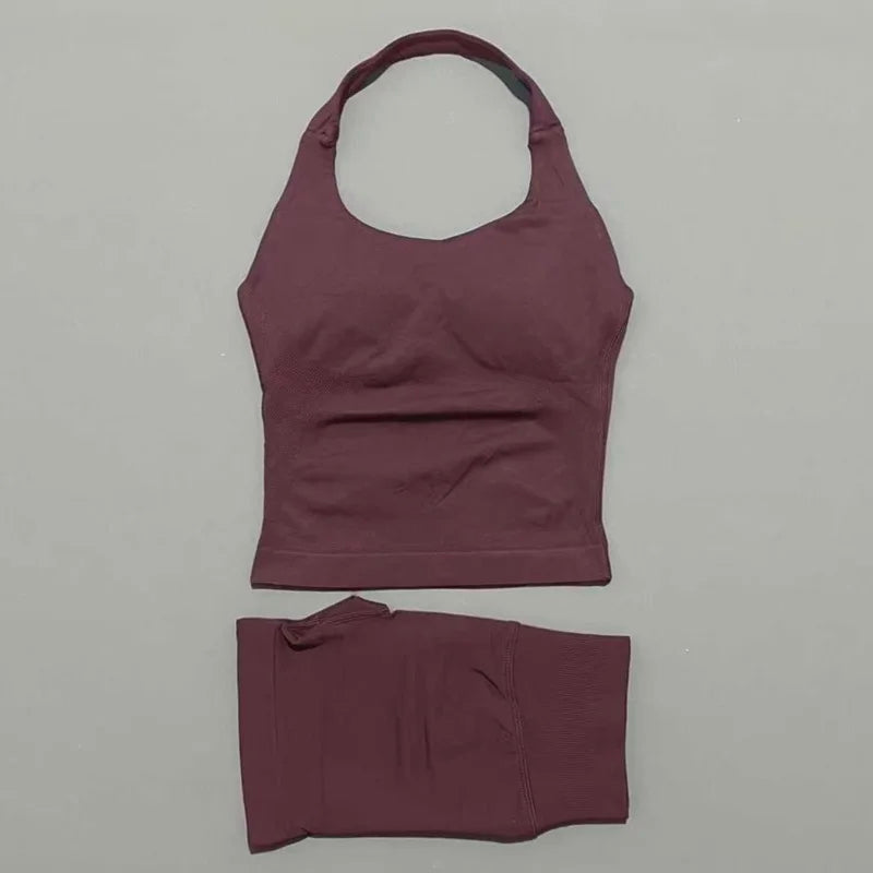 2 Pcs HISTELLO Halter Top Strappy Bra Shorts Set Women Yoga Workout Clothes Seamless Vest Hip-Lifting Sports Leggings Gym Suit