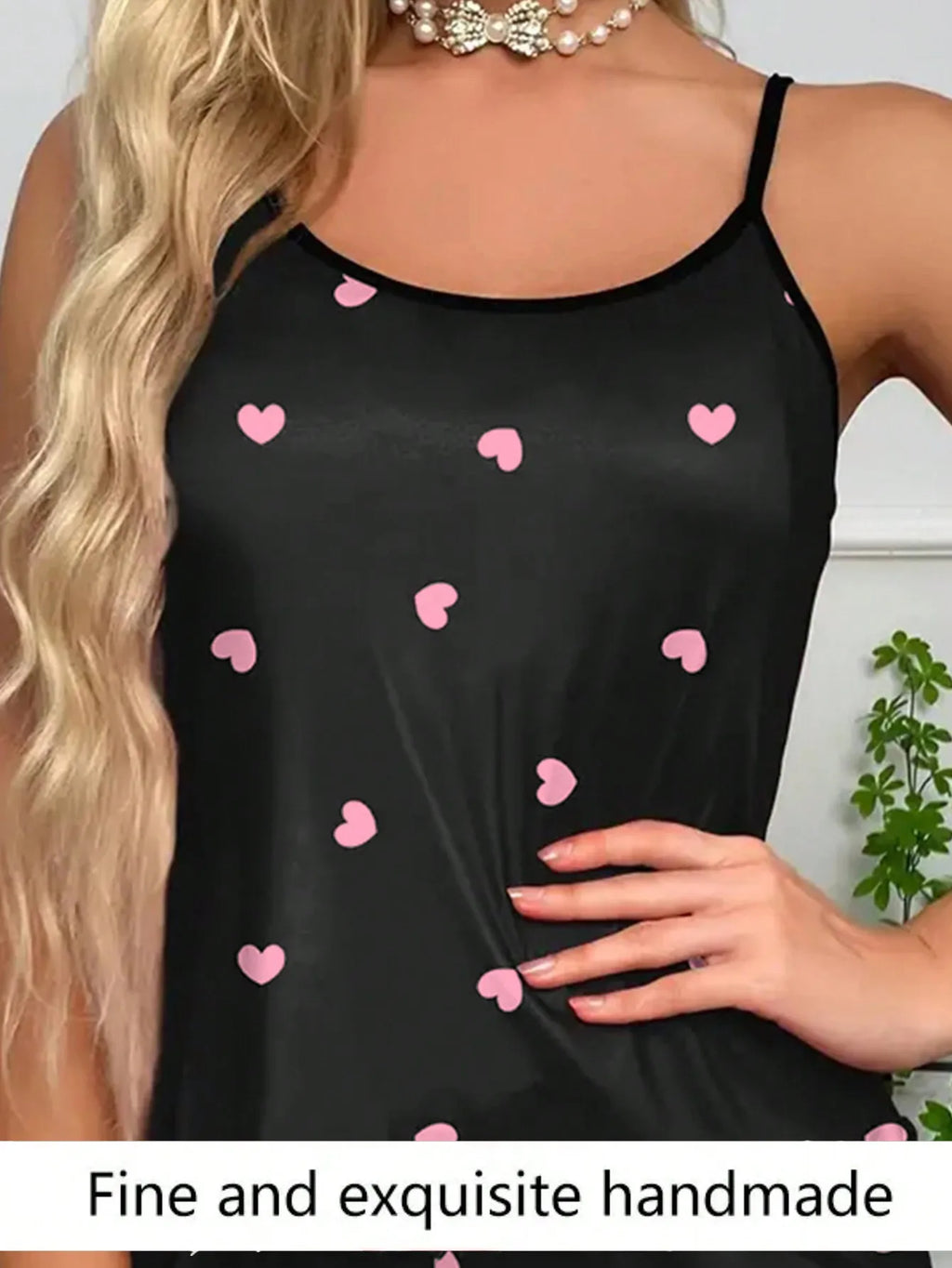 Women Pajamas Sleepwear Pajama 2pcs Set Camisole Shorts Love Print Scoop Neck Cami Top Backless Lettuce Trim Ice Silk Comfortabl