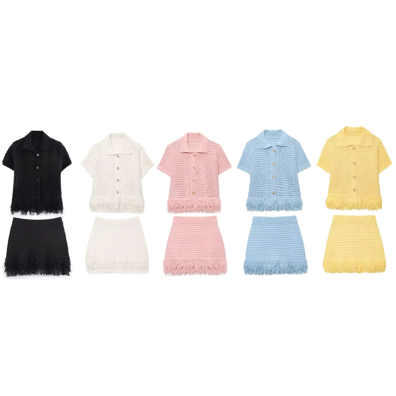 KONDALA 2026 Spring Summer Elegant Knitted Tassel Solid Women Suit Turndown Collar Hollow Out Shirt Elastic Wasit Mini Skirt